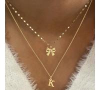 2 pezzi Collana in acciaio inossidabile multistrato con ciondolo a fiocco con lettera dorata e catena a labbra per donne L,M,S,H,A,T,O,B,C,D,E,F,G,I,J,K,N,P,R,V,W,Y,ZAcciaio inossidabile