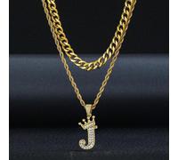 2 pezzi Collana multifilo con pendente a corona e lettera, gioiello di moda da strada unisex, adatto per uso quotidiano e come regalo A,B,C,D,E,F,G,H,I,J,K,L,M,N,O,P,Q,R,S,T,U,V,W,X,Y,ZGraficoAcciaio 