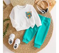 2 pezzi Completo autunnale carino da vacanza per bambino bianco con stampa a scacchi sul viso e scritta "MAMA'S BOY" Felpa a maniche corte e pantaloni sportivi Abbigliamento per neonati 6-9M,9-12M,12-