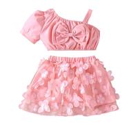 2 Pezzi Completo Bambina Estivo Tutina Neonata Elegante Top Monospalla a Maniche Corte con Fiocco + Gonna a Fiori in Rete Pagliaccetto Neonato Estivo Completini Neonata (Pink, 6-9 Months)
