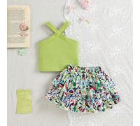 2 pezzi Completo casual e dolce per bambina, composto da un gilet verde in maglia a costine con scollo a canottiera abbinato a una gonna con balze a più strati e fantasia floreale, adatto per uscite p