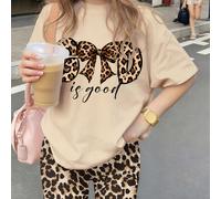 2 pezzi Completo casual per ragazze, maglietta oversize con slogan "DIO è buono" e stampa fiocco leopardato, abbinato a pantaloncini ciclisti leopardati, adatto per il ritorno a scuola, brunch con ami