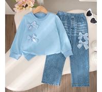 2 pezzi Completo casual per ragazze, top a maniche lunghe con fiocco decorativo e pantaloni coordinati, vestibilità regular, adatto per primavera/autunno 6Y,7Y,4Y,5Y,2-3YGraficoPoliestere