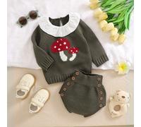 2 pezzi Completo casual retrò per bambina, composto da maglione a maniche lunghe con colletto arricciato a motivo fungo e pantaloncini, per Natale 6-9M,9-12M,12-18M,1-3M,3-6MFrutta & verduraMaglieria