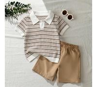 2 pezzi Completo da ragazzo, Set da ragazzo, Polo estiva vintage a righe con texture a maniche corte + Pantaloncini casual, Set di due pezzi, Il top presenta un design con colletto e piccolo scollo a 