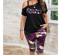 2 pezzi Completo di canotta con bretelle sottili e leggings, motivo mimetico e slogan hollywoodiani, taglie comode, per l'estate 0XL,1XL,2XL,3XL,4XL,5XLCuore,Lettere,Militare,Piante,stampa dappertutto
