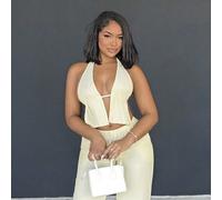 2 pezzi Completo Donna Righe Blu e Bianco: Top Halter Senza Schienale a Scollo Profondo in Cotone e Pantaloni Larghi in Vita Alta con Coulisse, Moda Casual Vacanze Outfit Quotidiano, Primavera/Estate 