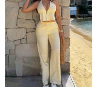 2 pezzi Completo Donna Righe Blu e Bianco: Top Halter Senza Schienale a Scollo Profondo in Cotone e Pantaloni Larghi in Vita Alta con Coulisse, Moda Casual Vacanze Outfit Quotidiano, Primavera/Estate 