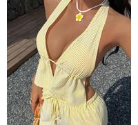 2 pezzi Completo Donna Righe Blu e Bianco: Top Halter Senza Schienale a Scollo Profondo in Cotone e Pantaloni Larghi in Vita Alta con Coulisse, Moda Casual Vacanze Outfit Quotidiano, Primavera/Estate 