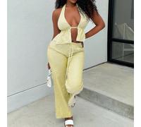 2 pezzi Completo Donna Righe Blu e Bianco: Top Halter Senza Schienale a Scollo Profondo in Cotone e Pantaloni Larghi in Vita Alta con Coulisse, Moda Casual Vacanze Outfit Quotidiano, Primavera/Estate