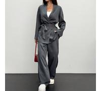 2 pezzi Completo elegante casual da donna con kimono e blazer a righe, colore grigio, adatto per l'ufficio e per il pendolarismo in autunno/inverno L,M,S,XSTessuto intrecciato