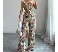 2 pezzi Completo elegante da donna con fiori gialli, adatto per primavera, autunno e inverno L,M,S,XL,XXLTessuto
