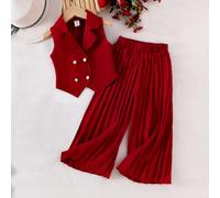 2 pezzi Completo elegante per ragazze giovani, composto da blazer senza maniche rosso e pantaloni a gamba ampia. Completo formale da lavoro, dignitoso e alla moda 6Y,7Y,8Y,4Y,5YTessuto intrecciato