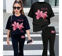 2 pezzi Completo floreale semplice e gioioso per ragazze adolescenti, pantaloni a zampa con maniche corte, set casual estivo, combinato di 2 pezzi per ragazze 6Y,7Y,8Y,9Y,10Y,4Y,5Y,14Y,11Y,12Y,13Y,16Y