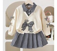 2 pezzi Completo moda per ragazze con felpa con ricamo a farfalla + gonna plissettata con inserti a quadri, look versatile e alla moda per la scuola 6Y,7Y,4Y,5YGrafico,quadriPoliestere