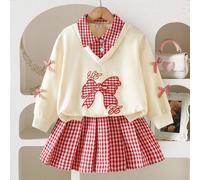 2 pezzi Completo moda per ragazze con felpa con ricamo a farfalla + gonna plissettata con inserti a quadri, look versatile e alla moda per la scuola 6Y,7Y,4Y,5YNatalePoliestere