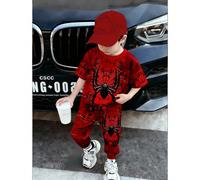 2 pezzi Completo nero con stampa digitale di ragno e ragnatela, maglietta rossa casual e comoda con girocollo e pantaloni rossi, set di maglietta a maniche corte e pantaloncini per ragazzi, adatto per