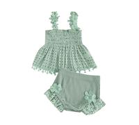 2 Pezzi Completo per Neonata Abito Senza Maniche Traforo +Pantaloncini Ruffle Body Neonata Estivi con Fiori alla Moda Carini per 0-18 Mesi (Verde, 6-12 Months)
