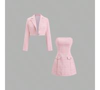 2 pezzi Completo vintage Rosso da Donna, Giacca in Vita e Gonna Set di Alta Qualità dal Sapore Vintage, Outfit Stile Y2K per Feste di Natale e Capodanno L,M,S,XSquadriTessuto intrecciato