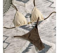 2 pezzi Costume da bagno a triangolo stile nautico da donna, in stile casual estivo da spiaggia, con blocchi di colore, decorazione in metallo a conchiglia, colore blu navy e bianco L,M,S,XS,XXSColore