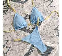 2 pezzi Costume da bagno bikini stile nautico da donna per vacanze estive e spiaggia, con blocchi di colore, decorazione in metallo a conchiglia, coppa triangolare sexy, blu navy e bianco L,M,S,XS,XXS