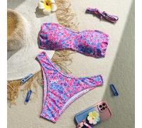 2 pezzi Costume da bagno da donna con stampa e laccetti staccabili, adatto per vacanze in isola e fotografia L,M,S,XL,XSPianteTessuto