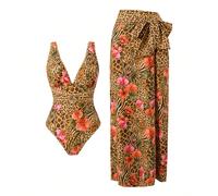 2 pezzi Costume da bagno da donna con stampa leopardata e floreale, decorazione in metallo e gonna avvolgente, elegante outfit da spiaggia, set da 2 pezzi per l'estate da donna L,M,S,XLAnimale,PianteT