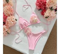 2 pezzi Costume da bagno, tessuto lucido a tinta unita con decorazione floreale, reggiseno a triangolo con collo alto e slip a vita alta, set di bikini sexy, primavera/estate L,M,S,XSTessuto