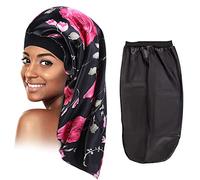 2 Pezzi Cuffia per Dormire Cofano Lungo in Raso Cofano in Seta per Dormire Notte Cappello per Dormire Cofano in Seta Cuffia per Dormire Copricapi Fascia Elastica per Donne e Ragazze (Nero, Fiore)