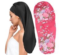 2 Pezzi Cuffia per Dormire Cofano Lungo in Raso Cofano in Seta per Dormire Notte Cappello per Dormire Cofano in Seta Cuffia per Dormire Copricapi Fascia Elastica per Donne e Ragazze (Nero, Rosa)