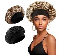 2 Pezzi Cuffia Seta Capelli Ricci, Traspirante e Regolabile Notte Dormire Berretto, Riutilizzabile Berretto di Seta, Adatto Protezione Donne e Ragazze Per Capelli Lunghi e Ricci(Nero&Leopardo)