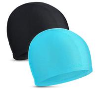 2 Pezzi Cuffie da Nuoto Elastiche Comodo Cappello da Nuoto in Tessuto Cuffie da Bagno Leggere per Donne Uomini Bambini Mentre Nuotano (Nero, Blu Lago)