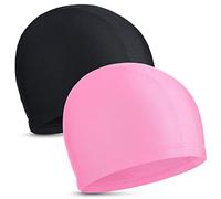 2 Pezzi Cuffie da Nuoto Elastiche Comodo Cappello da Nuoto in Tessuto Cuffie da Bagno Leggere per Donne Uomini Bambini Mentre Nuotano (Nero, Rosa Chiaro)