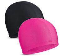 2 Pezzi Cuffie da Nuoto Elastiche Comodo Cappello da Nuoto in Tessuto Cuffie da Bagno Leggere per Donne Uomini Bambini Mentre Nuotano (Nero, Rosa Rossa)