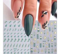 2 pezzi Decorazioni adesive per unghie, motivi 3D a foglie verdi, linea dorata, luna, sole e piante, stile bohémien, design primaverile ed estivo, ologramma e stile Y2K, per smalto gel, accessori arte