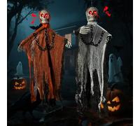 2 Pezzi Decorazioni Halloween da Esterno, 85 x 60cm Spaventosa scheletro halloween luminoso Appeso, LED Occhio Rosso e Controllo Vocale Grido, per Cortile, giardino, Porta, Terrazza Decorazioni