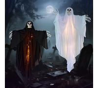 2 Pezzi Decorazioni Halloween da Esterno,Spaventosa Scheletro Appeso con Luci LED 100x60cm per Esterni e Interni,Fantasma per Porta, Giardino, Terrazza, Interni,Facile da Appendere