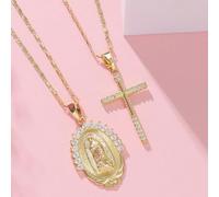 2 pezzi di accessori con collana per coppia di in rame unisex con zirconi e ciondolo di Santa Maria con croce. Accessorio pendente a catena multistrato in stile europeo e americano con stile da strada