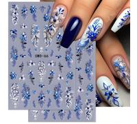 2 pezzi di adesivi per unghie 5D con motivo a fiori blu, decorazioni per unghie con fiori a rilievo, design sfumato a fiori e piante rampicanti, stampa floreale con texture a petali, per manicure e ac