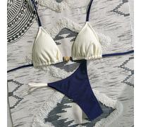 2 pezzi di bikini stile nautico da donna, colore blu navy e bianco, con stampa a blocchi di colori, decorazione con conchiglie in metallo, dal design sexy a triangolo, adatto per vacanze e spiaggia L,