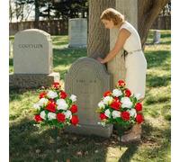2 pezzi di bouquet di rose artificiali in plastica per commemorazioni, composizioni floreali da cimitero, rose rosse e bianche vivaci, fiori durevoli per tombe, decorazioni per il Giorno dei Caduti, d