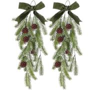 2 pezzi di festone natalizio da 27 pollici, a forma di goccia, con pigne e fiocco in velluto, da appendere, ghirlanda natalizia per porta per decorazioni invernali per pareti e finestre, verde, decor