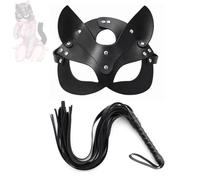 2 pezzi di oggetti di scena per giochi di ruolo in pelle PU nera, frusta e maschera da volpe