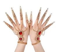 2 pezzi di perline dorate con acrilico da donna Belly Dance Gypsy Egyptian Bracelet with Finger Nails for Halloween Costume (Ruby)