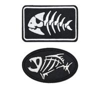 2 pezzi di pesce scheletro di pesce fossili di pesce patch ricamo bandiera distintivo divertente toppe tattiche in nylon applicazione militare per vestiti cappello giacca borse zaini gilet