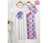 2 pezzi di pigiama casual per ragazze adolescenti con collo rotondo e maniche corte. Questa collezione estiva include una camicia da notte blu tie-dye e un abito floreale rosa. Progettati con un orlo 