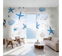 2 pezzi di tende trasparenti a tema marino con stelle marine blu, bolle di conchiglia e motivi a conchiglia bianca in una stampa piatta 2D. Uno stile fresco da spiaggia, perfetto per decorazioni estiv