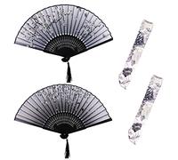 2 pezzi di ventagli pieghevoli di bambù con nappa floreale e 2 borse per ventaglio vintage, in stile cinese, in seta vintage