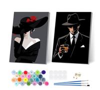 2 Pezzi Dipingere con i Numeri Adulti Bambini Gentleman, Signora in Abito Nero Paint by Numbers Kits, Tela Senza Rughe con Pittura con i Numeri, Tra Cui Cornice in Legno, Decorazione Domestica 20x30cm