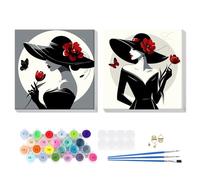 2 Pezzi Dipingere con i Numeri Adulti Bambini Signore in Abito Nero, Florido Paint by Numbers Kits, Tela Senza Rughe con Pittura con i Numeri, Tra Cui Cornice in Legno, Decorazione Domestica 20x20cm